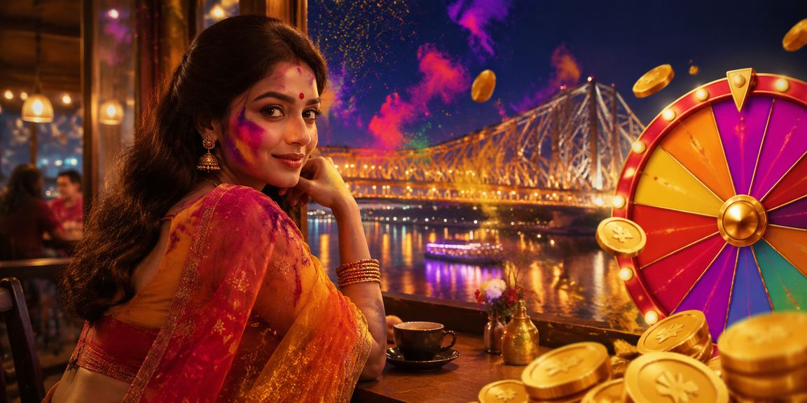 Gaming promotions during Holi festival at Kolkata overlooking Howrah Bridge